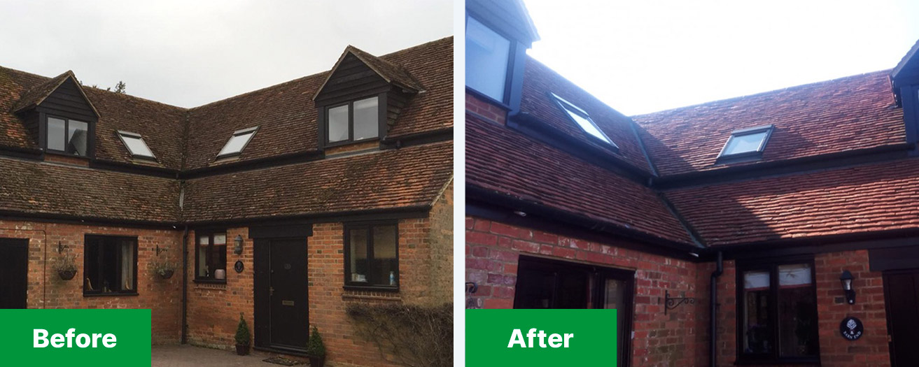 Clay roof tiles after moss removal and biociode treatment then 1 year later